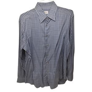 Vintage Brioni Handmade Italy Navy Blue Grey White Micro Plaid Dress Shirt Sz L